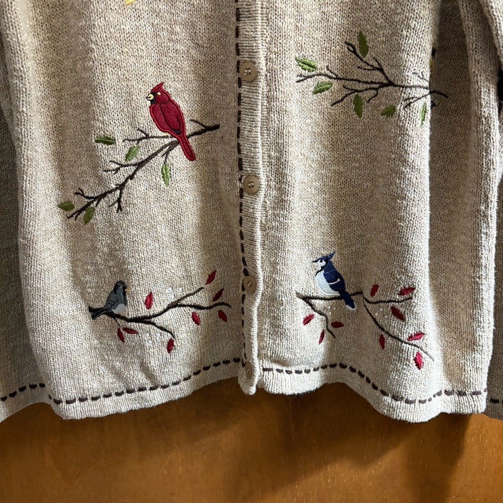 VINTAGE Embroidered Bird Oatmeal Button Down Cardigan Sweater 1X Slouchy Artsy - Picture 9 of 14